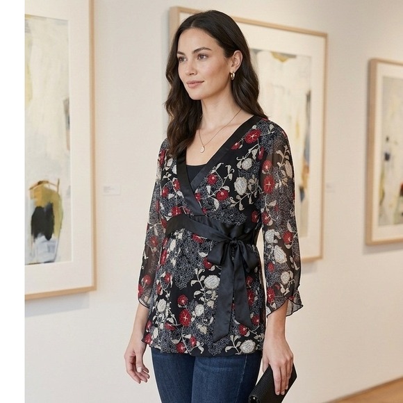 Tamara H. Tops - Vintage Tamara H. Floral Chiffon Wrap Blouse Black Red Plus Size 2X 20315-S0623